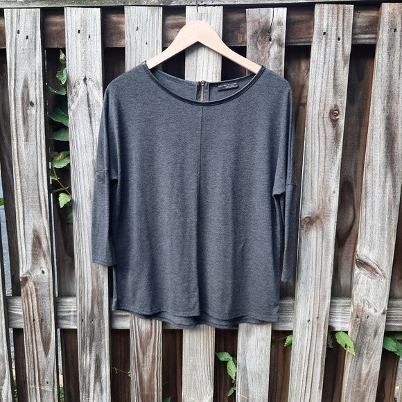 Zara W&B Collection Grey Top Back Zip Faux Leather Trim Dolman Bat Sleeve Size S - Picture 4 of 14